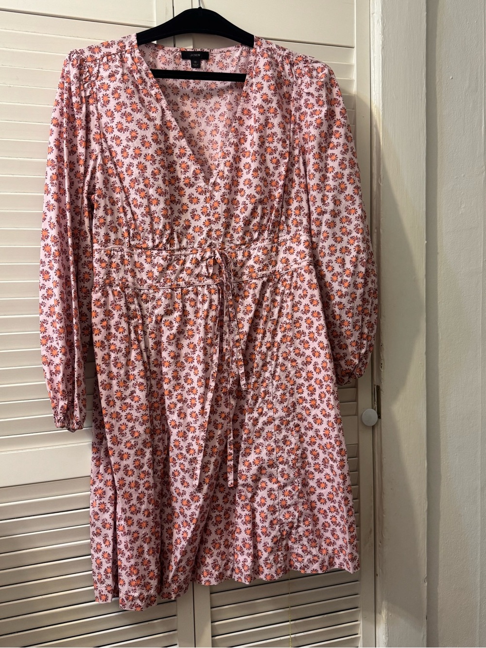 J. Crew Pink Floral V-Neck Tie-Waist Long Sleeve Dress